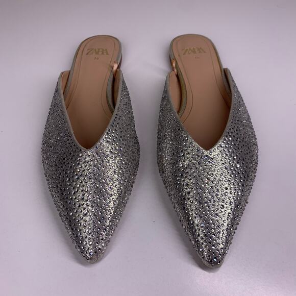 ZARA Metallic‎ Silver Rhinestone Embellished Pointed Toe Mule Flats Size 36 - Picture 4 of 11